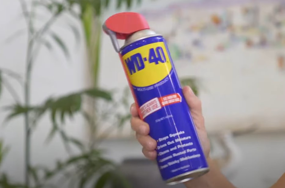 Woman is holding a can of WD-40 in her hand