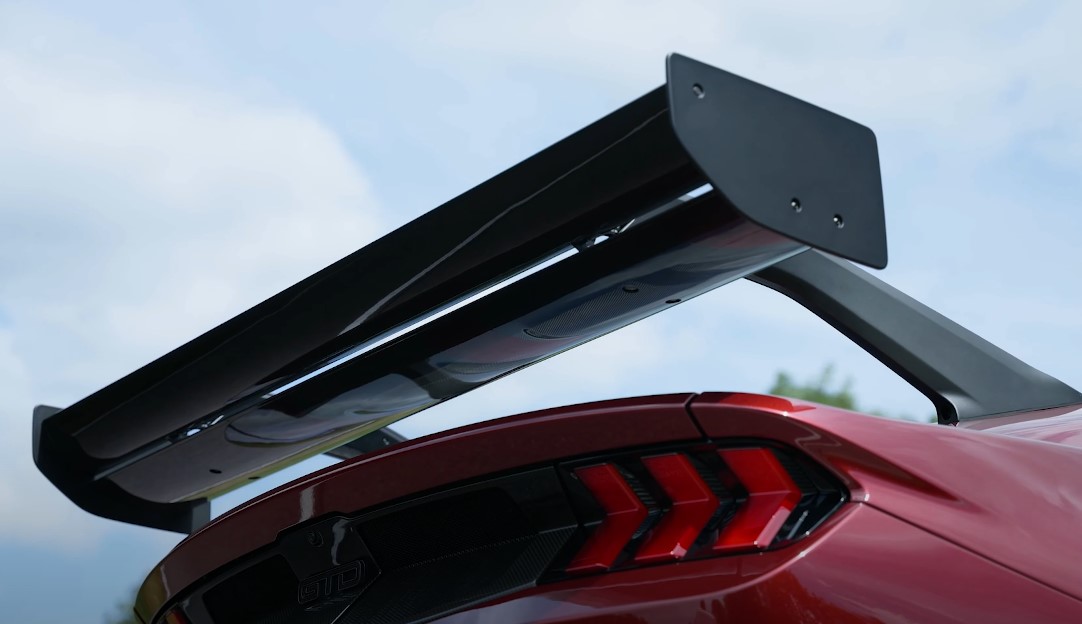 Close up photo of a Mustang GTD's rear spoiler