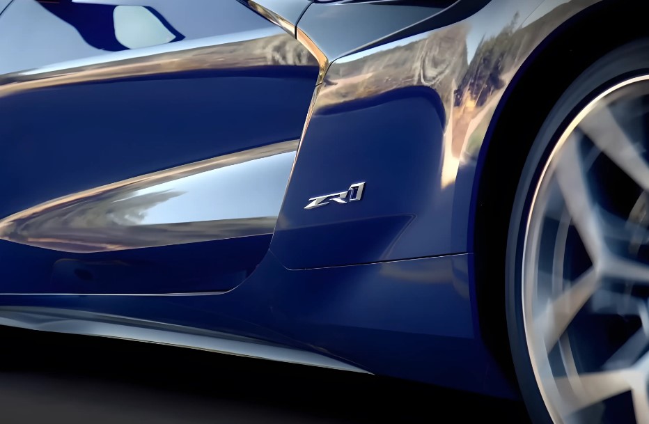 Close up photo of ZR1 emblem on new Corvette