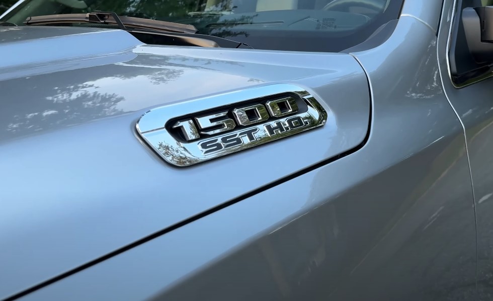 Trim level plate on a silver Ram truck