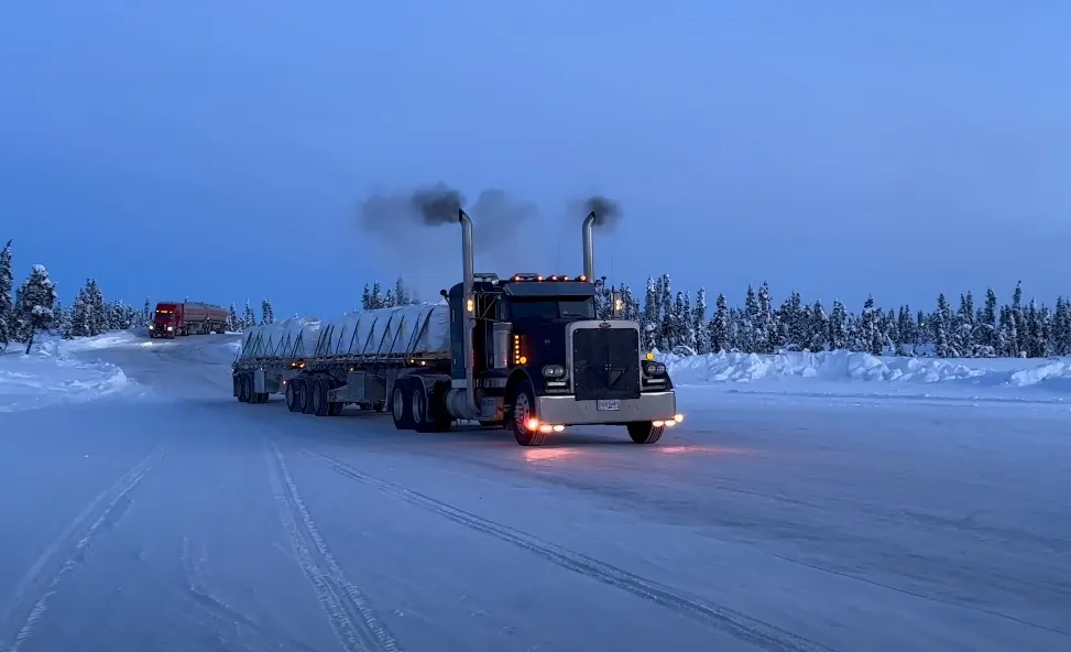 Truck driving on ice during winter