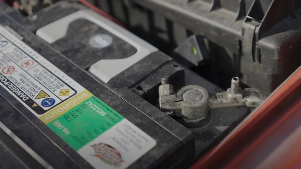 Close up view of a car's battery