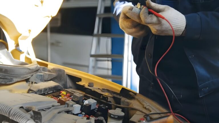 Mechanic repairing car wires under the hood