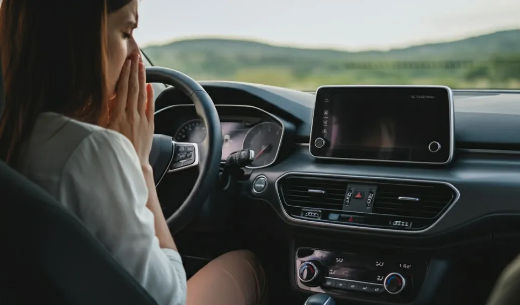 Woman smells something bad in her car interior