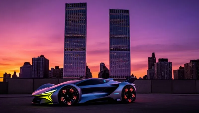 Futuristic sports car parked on a rooftop in a city at sunset