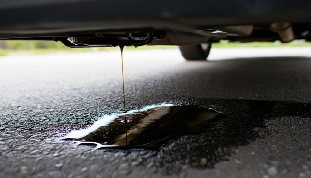 Dark puddle of car liquid on asphalt