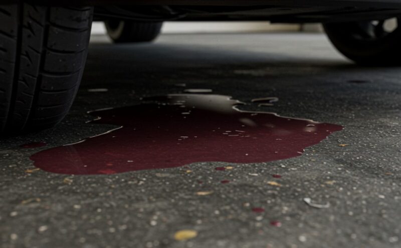 Dark-colored coolant leaking under the car