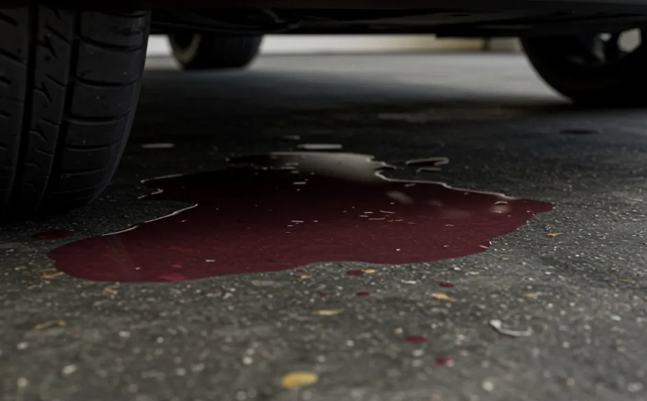 Dark-colored coolant leaking under the car