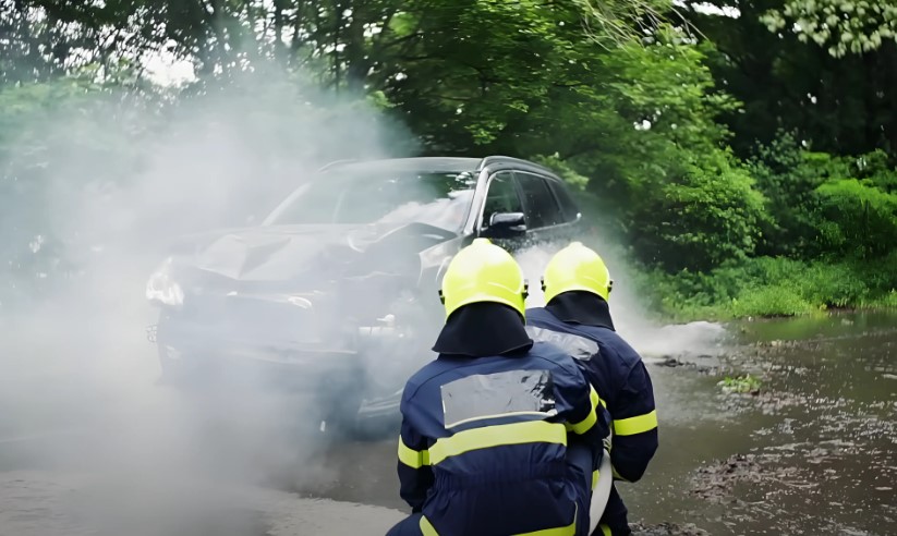 Two firefighters attending to a damaged SUV