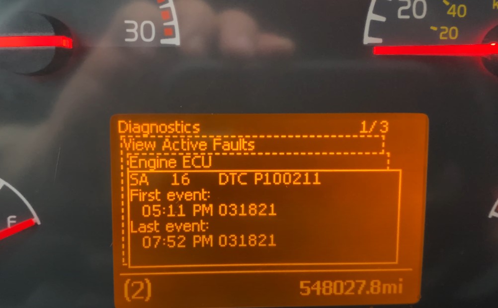 Volvo diagnostics showing fault code