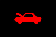 Red dashboard warning light depicting opened hood