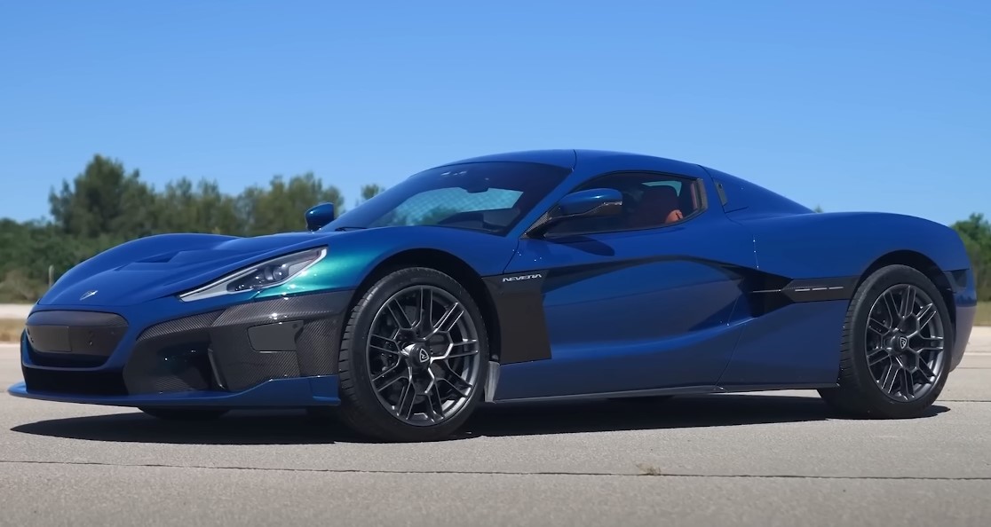 Blue Rimac Nevera on the road