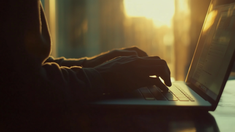 A Person Typing on A Laptop with Sunlight in The Background, Possibly Researching or Evaluating Car Listings Online