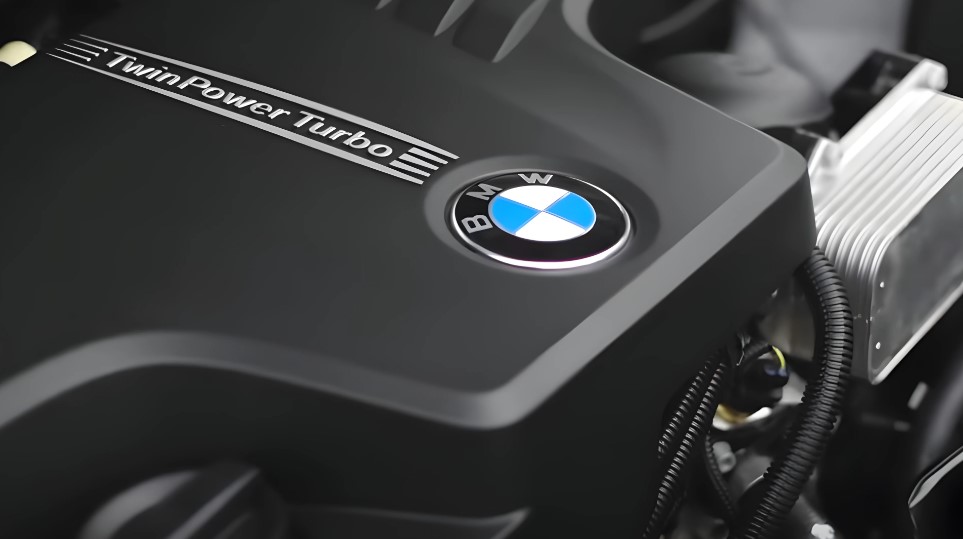 BMW's iconic emblem prominently displayed on the engine cover