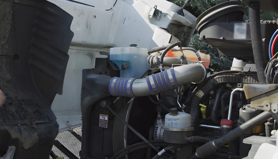 Close-up view of a truck's engine bay