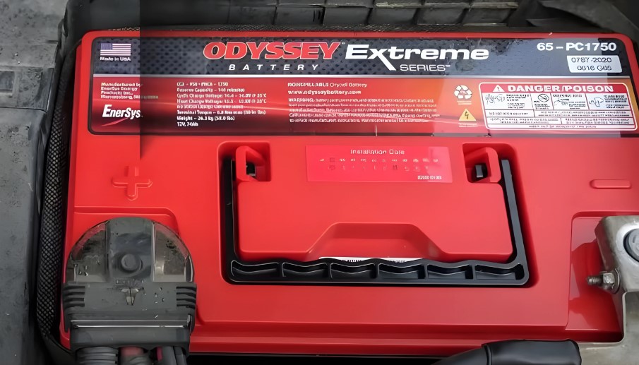 Close up view of a truck's battery