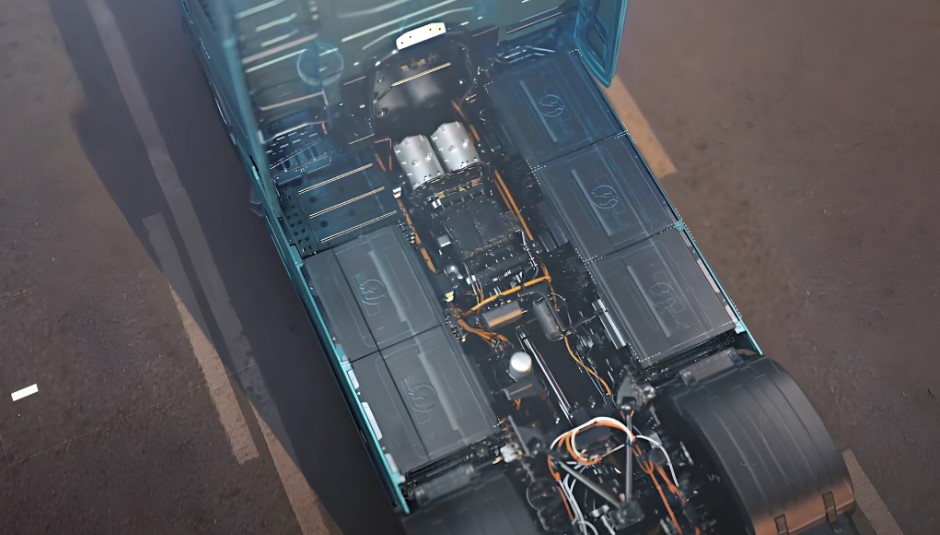 Detailed view of the electric truck's powertrain