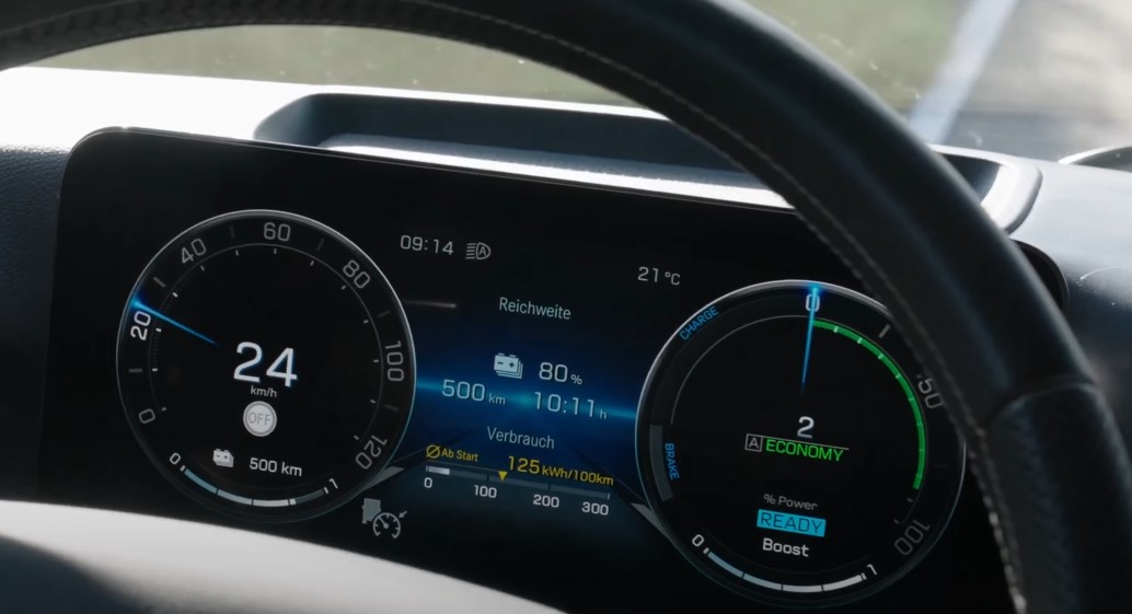 Modern vehicle dashboard displaying speed, range, and battery status