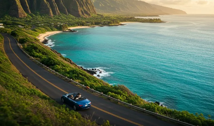 Lush landscape of Kauai, Hawaii, featuring a car and vibrant greenery and dramatic cliffs under a clear blue sky