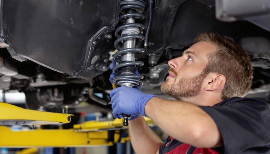 A mechanic inspects and adjusts a vehicle's suspension system