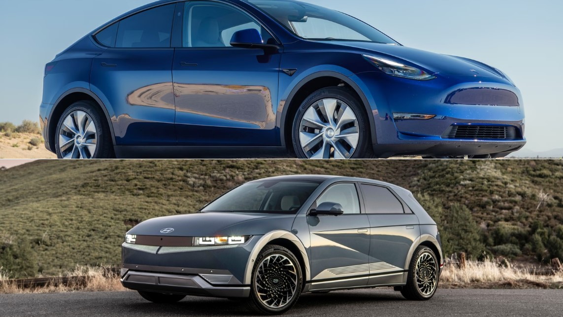 Two modern electric vehicles, showcasing sleek designs and advanced technology