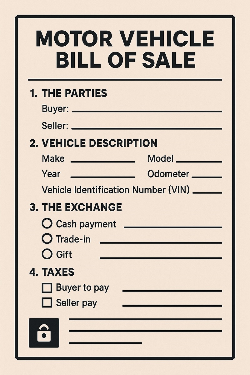 Blank motor vehicle bill of sale form with sections for parties and payment