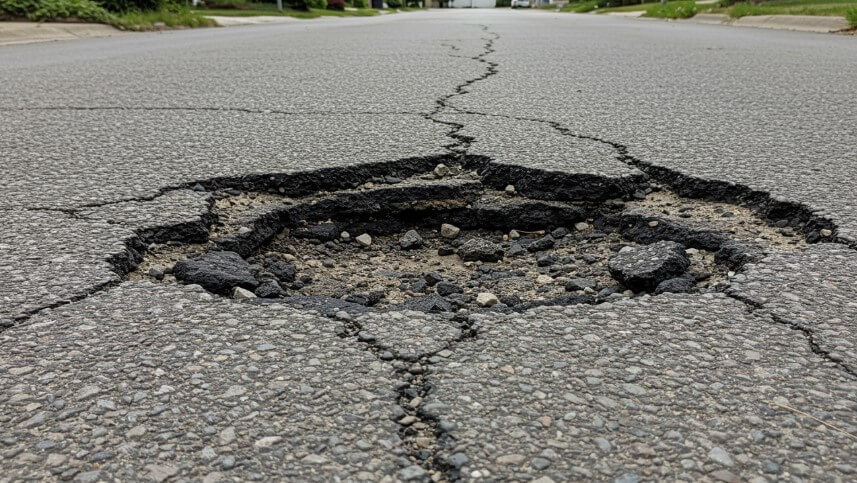 A pothole, a testament to the wear and tear of the road