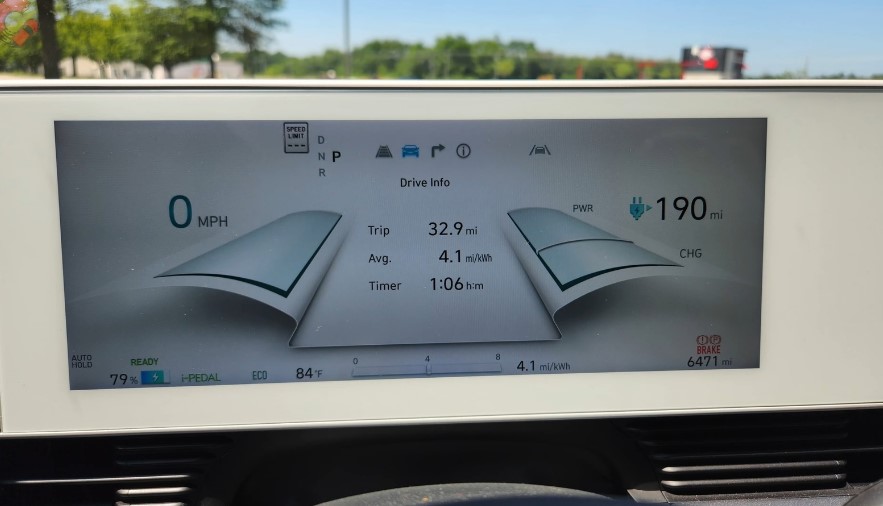 Electric vehicle dashboard displaying 0 mph, 190 miles of range, and 32.9 miles traveled