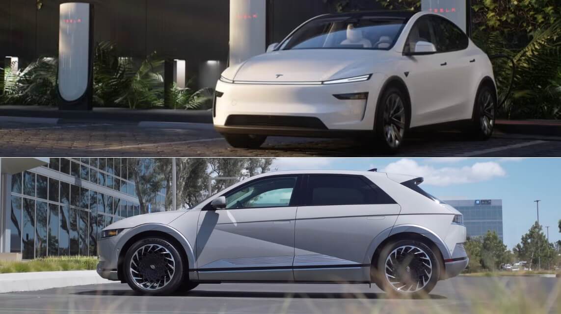 A white Tesla and a light gray Ioniq 5, parked at charging stations