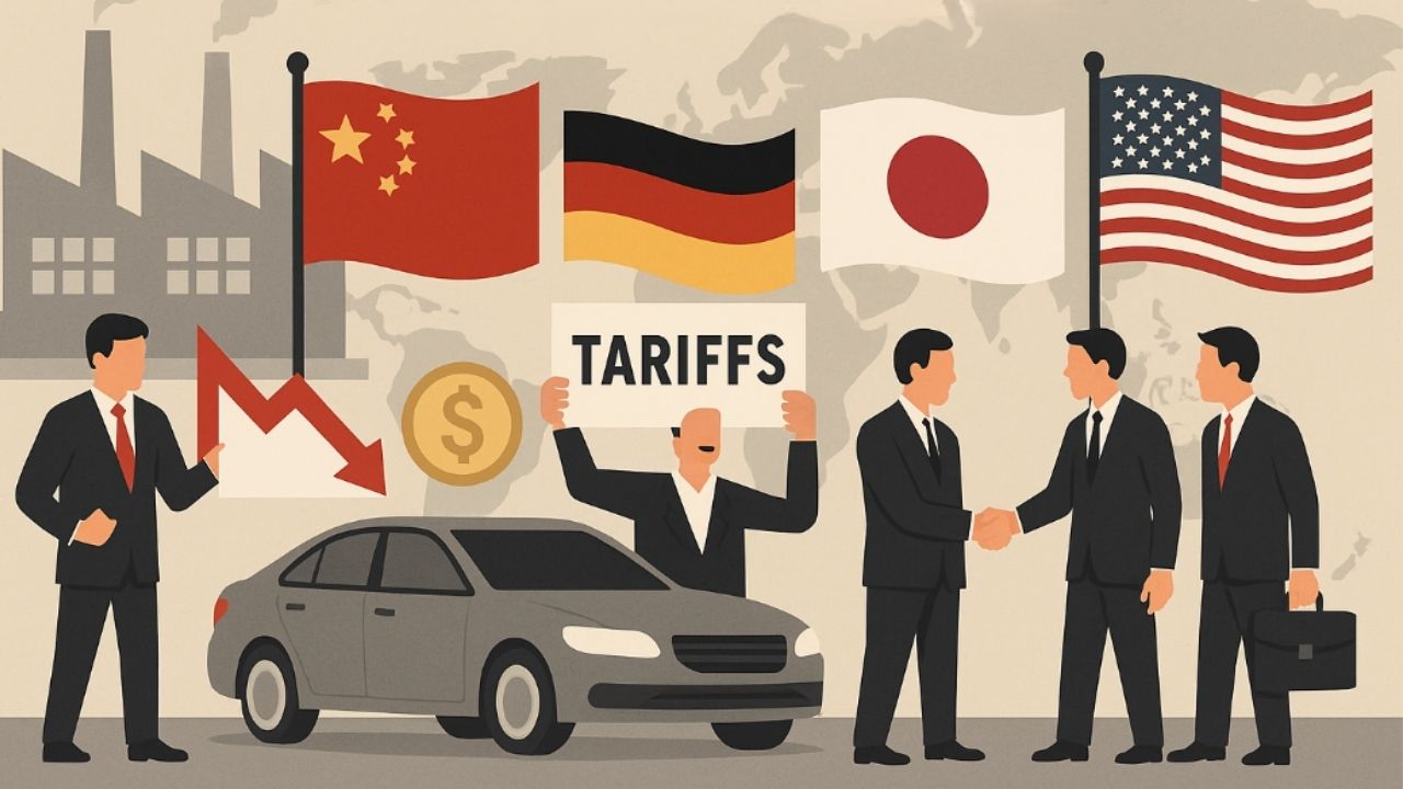 Illustration of international trade discussion featuring tariffs, currencies, and flags of major car-exporting nations