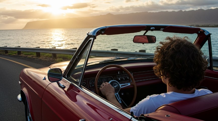 A man driving a convertible car along a scenic road on a sunny day