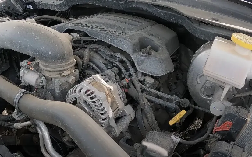Close up view of Hemi V8 engine in Ram 1500 pickup truck