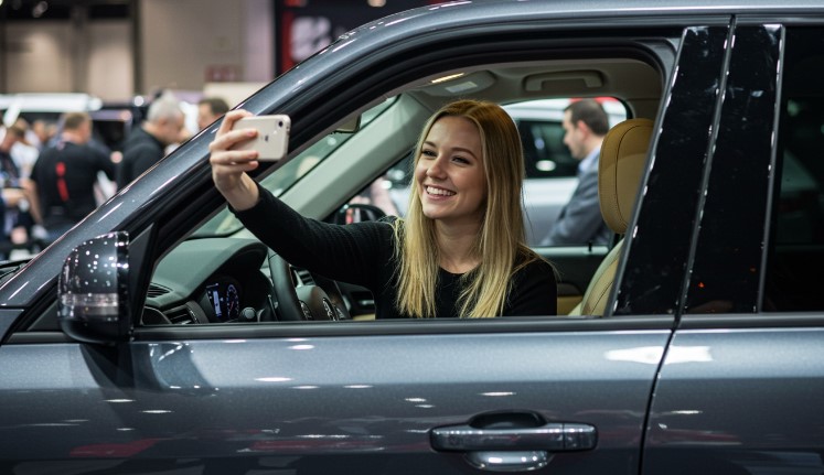 Woman taking a selfie inside a car at the Auto Show