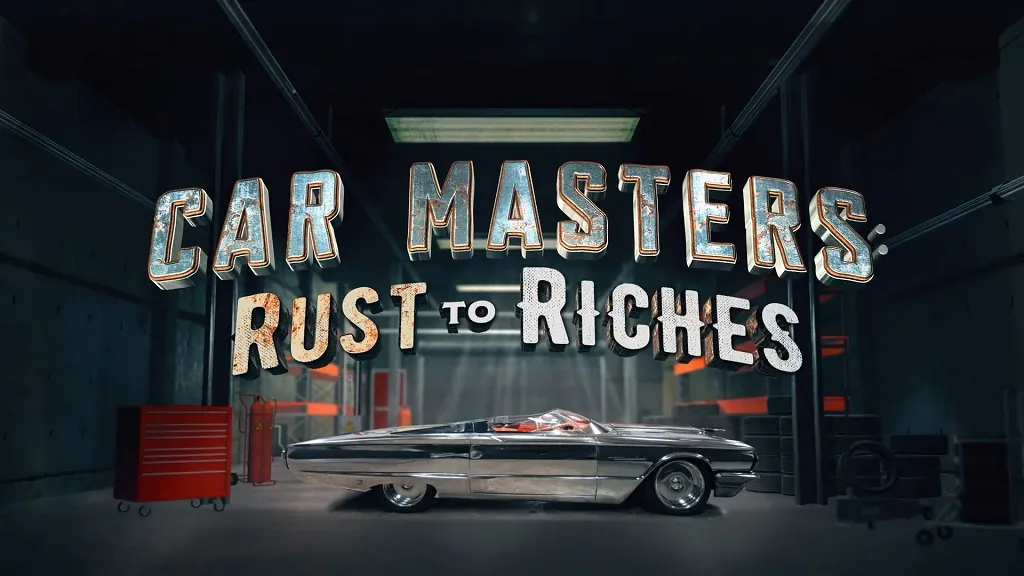 Car Masters: Rust to Riches logo in a garage setting with a restored custom car, highlighting one of the most exciting Car TV Shows on automotive transformations