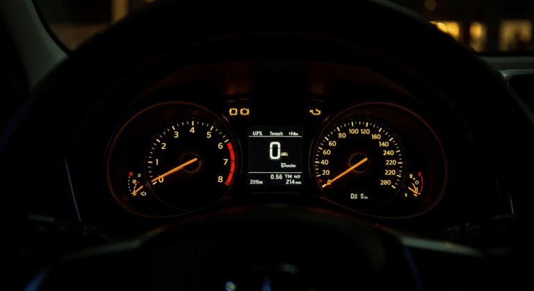 Car dashboard glowing in the dark, close up