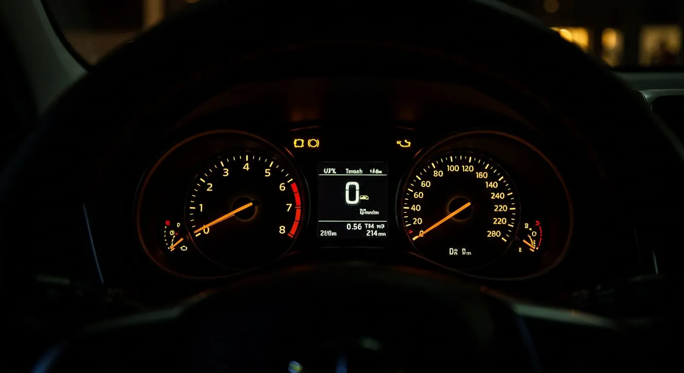 Car dashboard glowing in the dark, close up