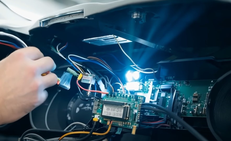 Close-up view of a technician's hand working on a car's internal electrical system