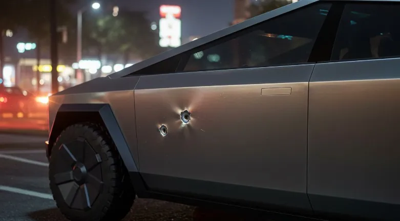 Bullet holes punctuate the sleek exterior of the Tesla Cybertruck