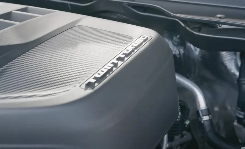 Close-up of the "Twin Turbo" engine badge