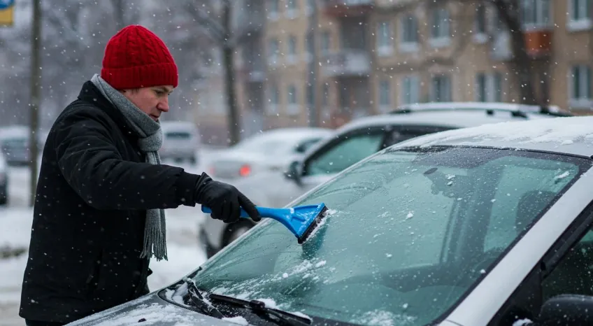A person clears snow from a car windshield on a snowy day