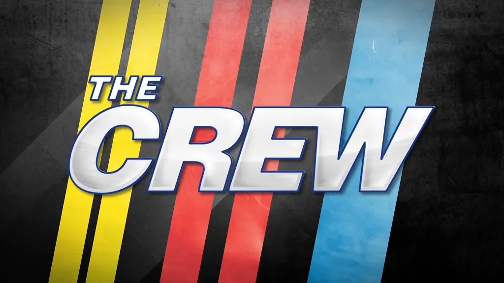 The Crew title with racing stripes in yellow, red, and blue on a gritty textured background, showcasing a fun take on Car TV Shows set in the world of NASCAR