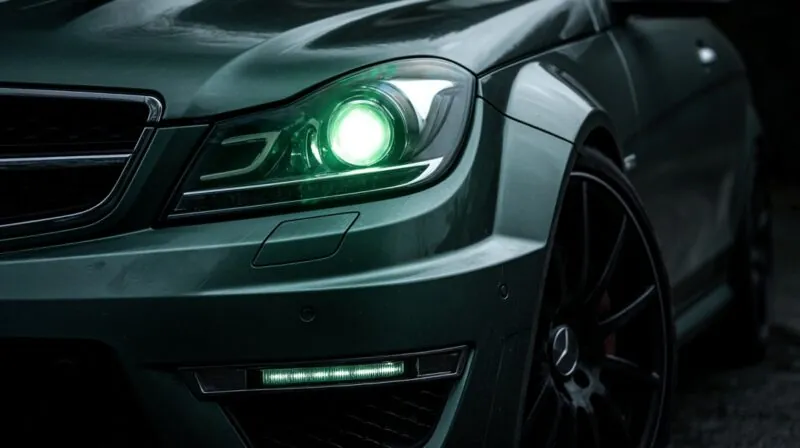 Close-up of a modified car with green headlights and a dark sleek finish