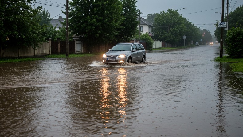 A gray car navigates a flooded street, headlights reflecting on the murky water