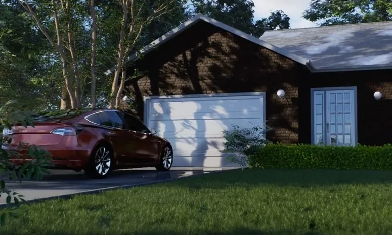 A house with a car parked in front of a garage