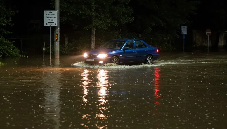 A car plows through the deep water on the street