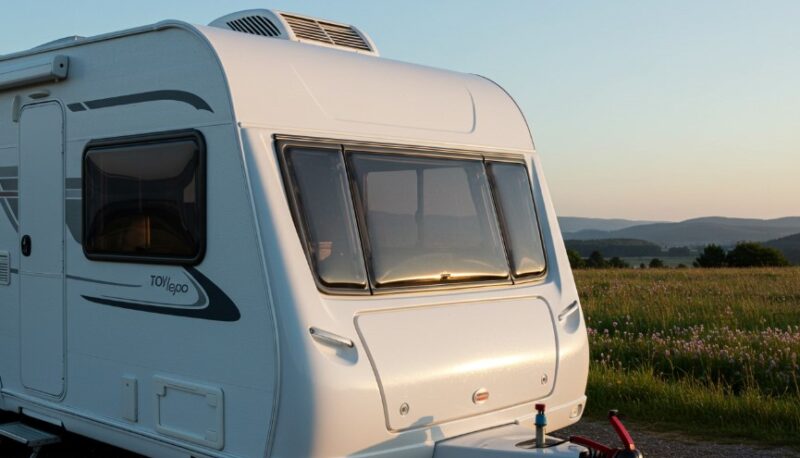 The campervan's windows frame a breathtaking landscape
