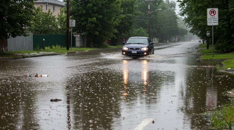 A car cuts through the flooded road