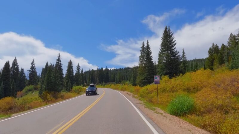 Car driving along a winding road surrounded by pine trees and autumn foliage on the San Juan Skyway in Colorado.