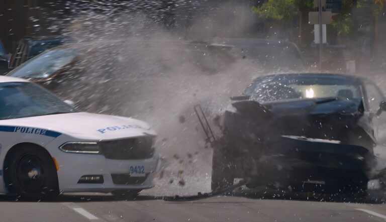 A high-impact collision, with a police cruiser and another vehicle, sending water and debris flying