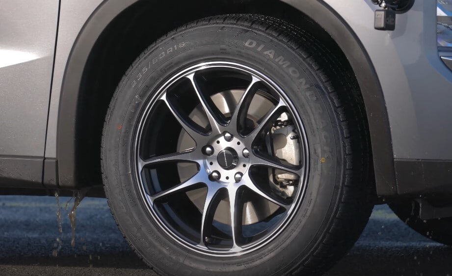 Close-up of a vehicle's tire and wheel assembly